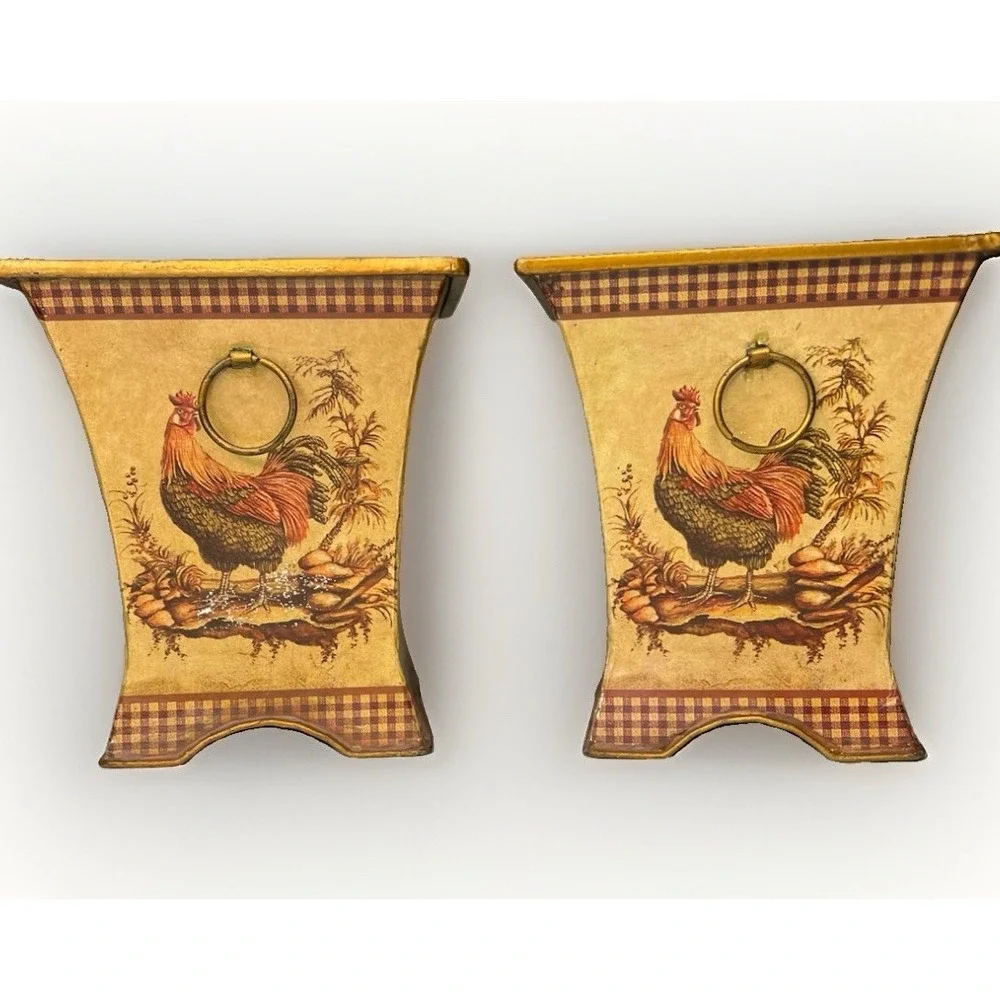 Pair Rooster Metal Cachepot Planters Ring Handles French Country Farmhouse